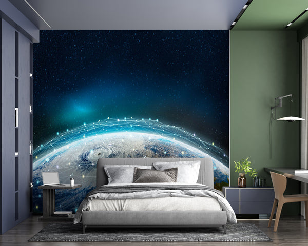 Space Wall Murals, Cosmic Space Wallpaper, Non Woven, Artificial Satellites Wallpaper, View on Earth Wall Mural