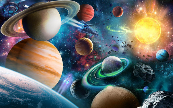 Space Wall Murals, Cosmic Space Wallpaper, Non Woven, Colorful Solar System with Planets Wallpaper, Spaceships and Sun Wall Mural