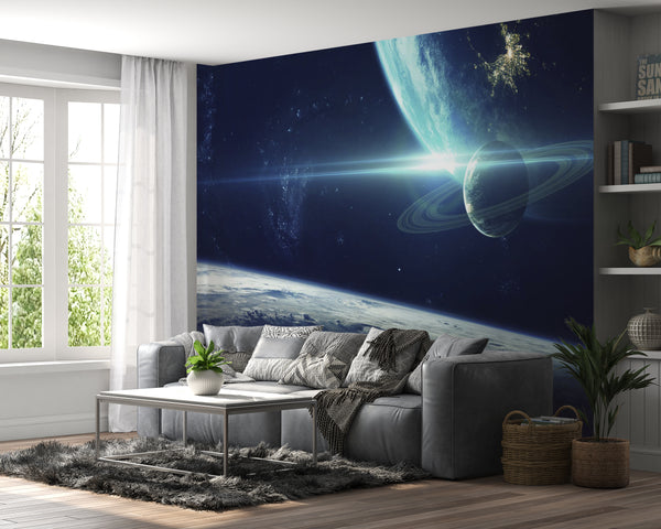 Space Wall Murals, Cosmic Space Wallpaper, Non Woven, Planet Space Wallpaper, Saturn and Earth Wall Mural