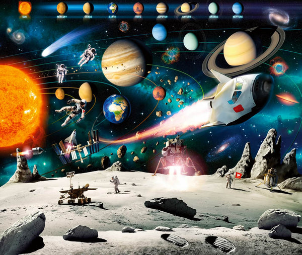 Space Wall Murals, Cosmic Space Wallpaper, Non Woven, Planets, Sun and Cosmic Ship Wallpaper, Space Adventure Wall Mural