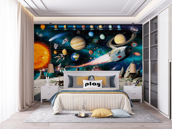 Space Wall Murals, Cosmic Space Wallpaper, Non Woven, Planets, Sun and Cosmic Ship Wallpaper, Space Adventure Wall Mural