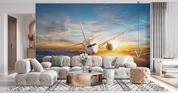 Transport Wallpaper, Non Woven, Airplane in Blue Clouds Wall Mural