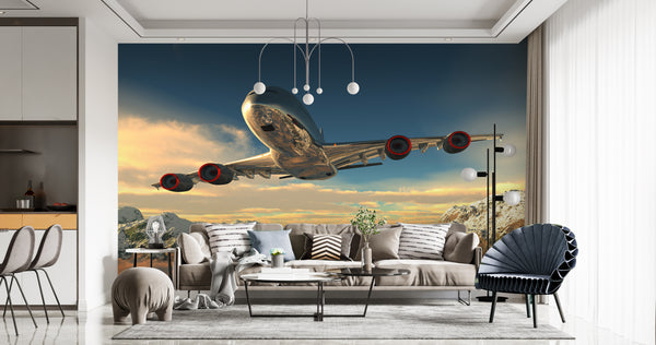 Transport Wallpaper, Non Woven, Airplane over Mountains Wall Mural