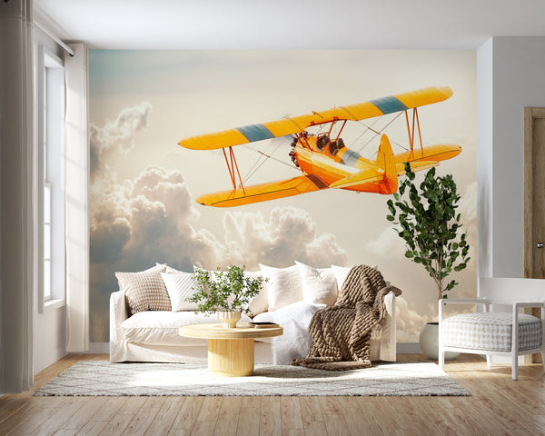 Transport Wallpaper, Non Woven, Vintage Yellow Airplane in Clouds Wall Mural