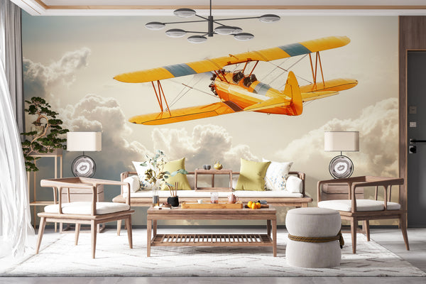 Transport Wall Mural | Vintage Yellow Airplane in Clouds Wall Mural