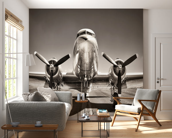 Transport Wallpaper, Non Woven, Black & White Vintage Airplane with Propeller Wall Mural