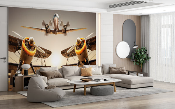 Transport Wallpaper, Non Woven, Vintage Airplanes with Propeller Wall Mural,Colorful Plane Wallpaper