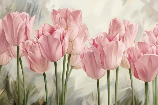 Flower Wallpaper, Non Woven, Pink Tulips Wallpaper, Spring Oil Painted Floral Wall Mural