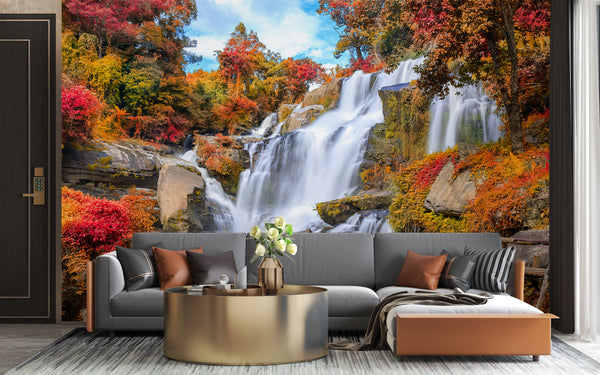 Waterfall Wallpaper, Non Woven, Gold Autumn Forest Wall Mural, Cascade Wallpaper