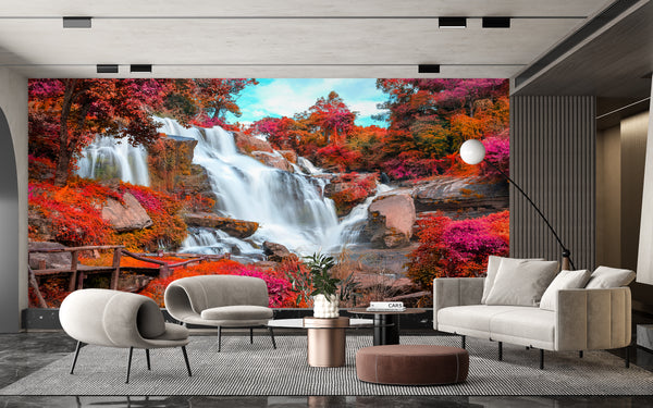 Waterfall Wallpaper, Non Woven, Fire Red Autumn Forest Wall Mural, Cascade Wallpaper