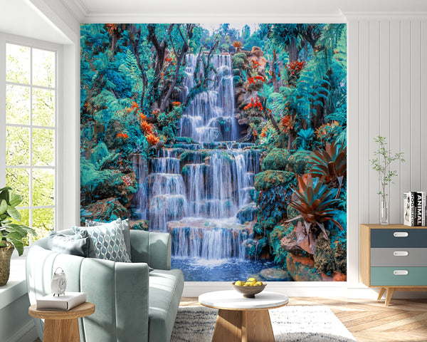 Waterfall Wallpaper, Non Woven, Greeny Falls Wall Mural, Tropical Forest & Cascade Wallpaper