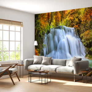 Waterfall Murals for Walls | Yellow Leaves Forest Wall Mural