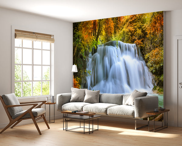 Waterfall Murals for Walls | Yellow Leaves Forest Wall Mural