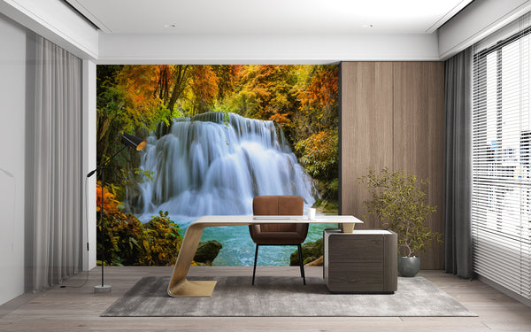 Waterfall Wallpaper, Non Woven, Yellow Leaves Forest Wall Mural