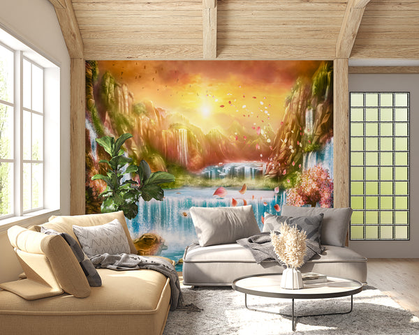 Waterfall Wallpaper, Non Woven, Fire Sunset Wall Mural, Lake & Nature Wallpaper