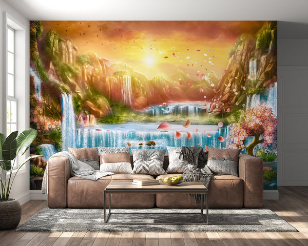 Waterfall Wallpaper Mural | Fire Sunset Wall Mural