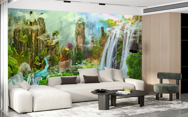 Waterfall Wallpaper, Non Woven, Mountain Waterfall Wall Mural, Wild Nature Wallpaper
