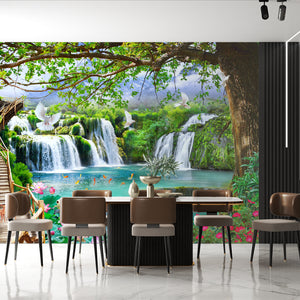 Waterfall Murals for Walls | Green Trees & White Birds Wall Mural