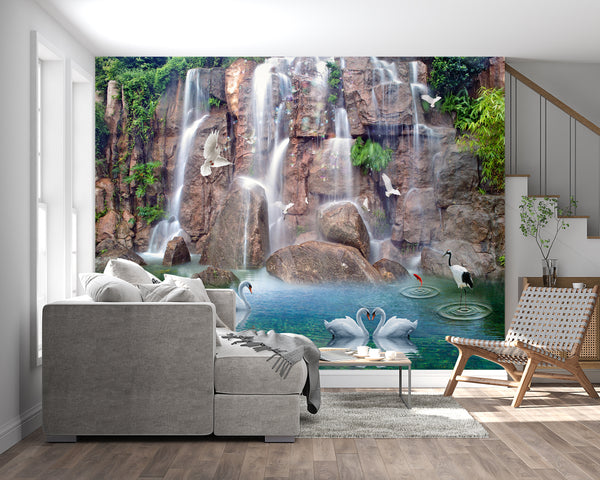 Waterfall Wallpaper, Non Woven, Swan Birds Wall Mural, Cascade Wallpaper