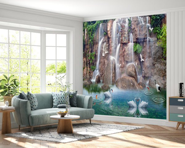 Waterfall Murals for Living Room | Swan Birds Wall Mural