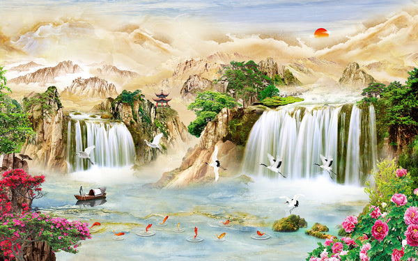 Waterfall Wallpaper, Non Woven, Chinese Landscape Wall Mural, Birds & Flowers Wallpaper