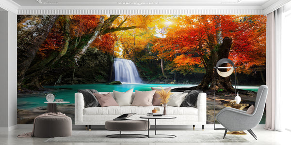 Waterfall Wallpaper, Non Woven, Autumn Forest Cascade Wall Mural