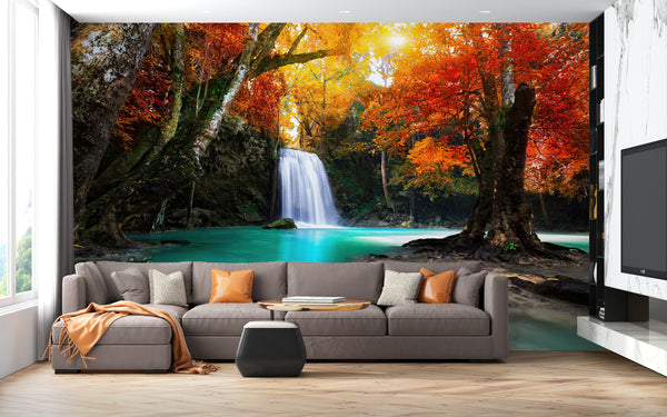 Waterfall Wallpaper Mural | Autumn Forest Cascade Wall Mural