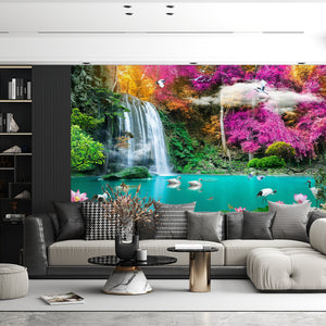 Waterfall Murals for Living Room | Turquoise Lake & Birds Wall Mural