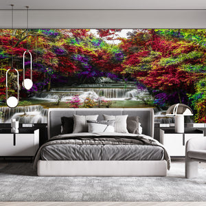 Waterfall Wallpaper Mural | Colorful Autumn Forest Wall Mural