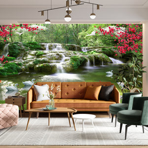 Waterfall Murals for Living Room | Forest Lake & Birds Wall Mural