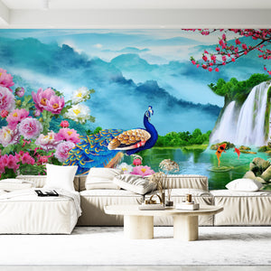 Murals of Waterfalls | Peacock & Pink Flowers Wall Mural