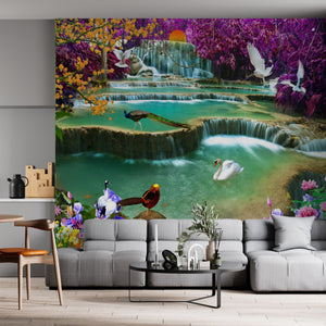 Waterfall Murals for Walls | Purple Tree Leaves & White Swan Birds Wall Mural