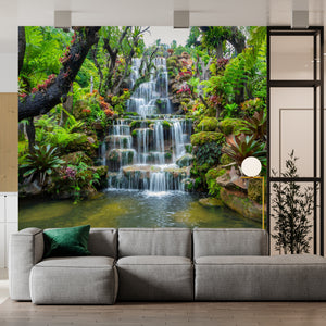 Waterfall Wallpaper Mural | Green Jungle Forest Wall Mural