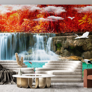 Waterfall Murals for Living Room | Autumn Forest & Flowers Wall Mural