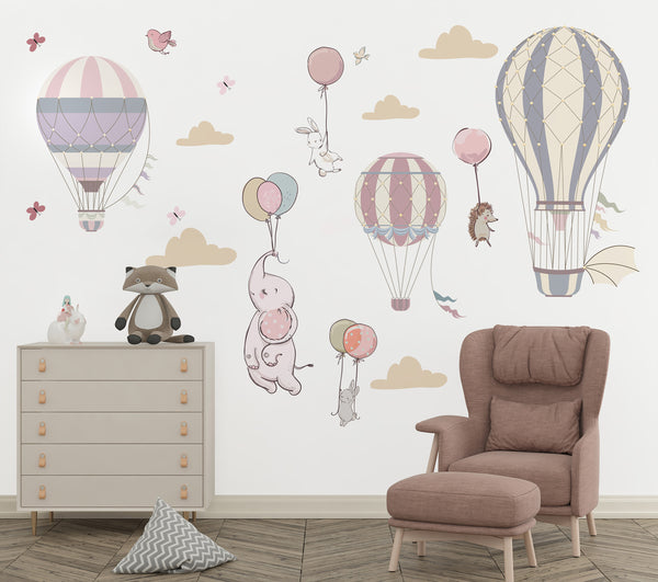 Hot Air Balloon Wall Stickers, Soft Colors Hot Air Balloons Wall Decal for Girl, Animals with Balloons Nursery Wall Decals, Peel & Stick Vinyl Wall Stickers, Birds, Clouds