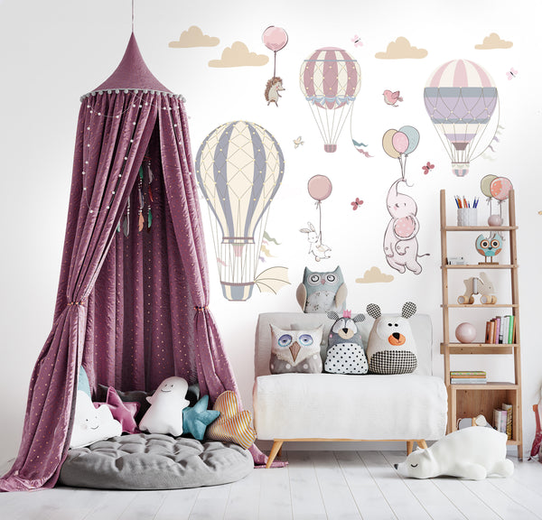 Hot Air Balloon Wall Stickers, Soft Colors Hot Air Balloons Wall Decal for Girl, Animals with Balloons Nursery Wall Decals, Peel & Stick Vinyl Wall Stickers, Birds, Clouds
