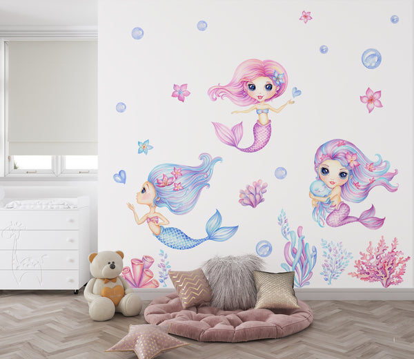 Little Mermaid Wall Decals, Watercolor Mermaid Nursery Wall Decal, Marine Theme Girls Room, Peel & Stick Ocean wall decal, Sea World Ocean Wall Decal
