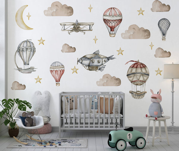 Hot Air Balloon Decals For Walls, Watercolor Retro Airship Wall Decal for Boys, Nursery Wall Decor, Clouds and Moon Decal