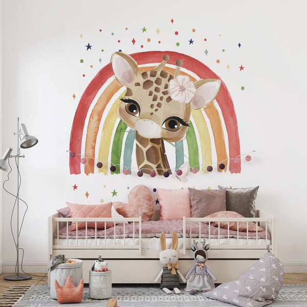 Giraffe Wall Stickers, Rainbow Decal , Watercolor Rainbow and Giraffe Wall Decal for Kids, Nursery Wall Sticker, Cute Animals Wall Decor