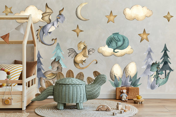 Dragon Decals For Walls, Cute Dragons Wall Decal for Boys, Dragon Babies Wall Sticker, Fairytale Dino Nursery Wall Art