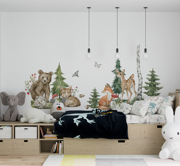 Woodland Wall Decals, Woodland Animals Wall Decal for Kids, Watercolor Animals Wall Sticker, Forest Animals Wall art