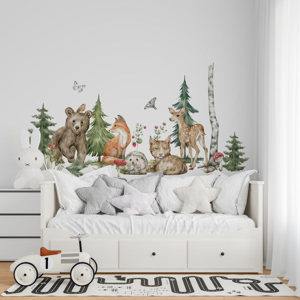Woodland Wall Decals, Woodland Animals Wall Decal for Kids, Watercolor Animals Wall Sticker, Forest Animals Wall art