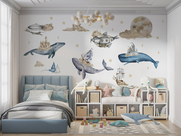Under The Sea Wall Stickers, Watercolor Ocean Nursery Wall Decal, Under the Sea Wall Sticker, Watercolor Whales, Castle, Hot Air Balloons Wall Art