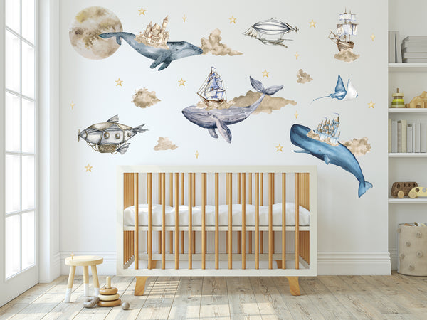 Under The Sea Wall Stickers, Watercolor Ocean Nursery Wall Decal, Under the Sea Wall Sticker, Watercolor Whales, Castle, Hot Air Balloons Wall Art