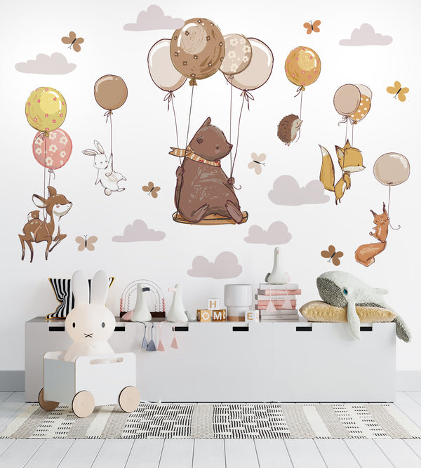 Animal Wall Stickers, Watercolor Animals with Balloons Wall Decal, Kids Forest Animals Nursery Wall Decals, Peel & Stick Wall Stickers, Beige Balloons, Woodland