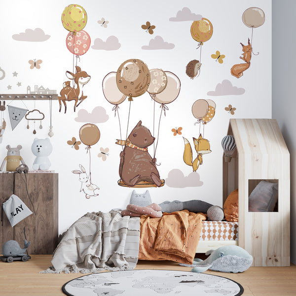 Animal Wall Stickers, Watercolor Animals with Balloons Wall Decal, Kids Forest Animals Nursery Wall Decals, Peel & Stick Wall Stickers, Beige Balloons, Woodland