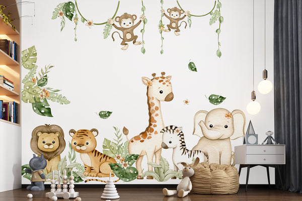 Wall Decal, Safari Animals Wall Decal for Kids, Watercolor Baby Animals Nursery Wall Decals, Jungle Peel & Stick Vinyl Wall Stickers, African Animals