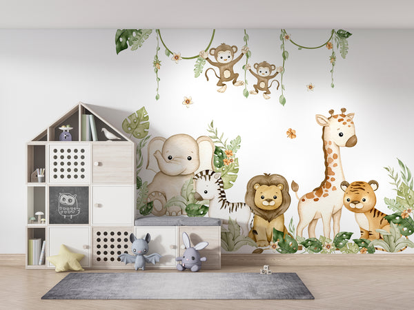 Wall Decal, Safari Animals Wall Decal for Kids, Watercolor Baby Animals Nursery Wall Decals, Jungle Peel & Stick Vinyl Wall Stickers, African Animals