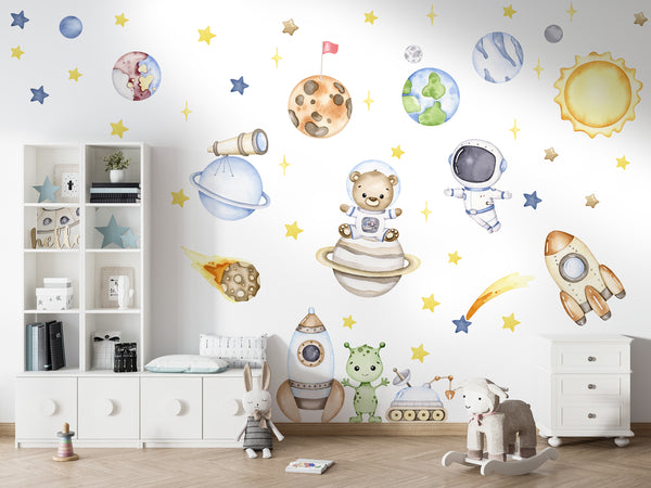 Watercolor Space Wall Decal for Kids, Solar System Nursery Wall Decals,  Peel & Stick Vinyl Wall, Planets Wall decal, Rocket, Space Theme