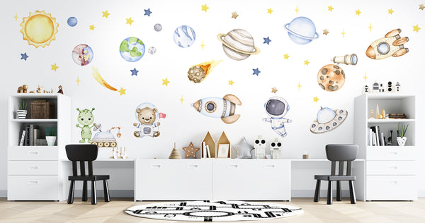 Watercolor Space Wall Decal for Kids, Solar System Nursery Wall Decals,  Peel & Stick Vinyl Wall, Planets Wall decal, Rocket, Space Theme